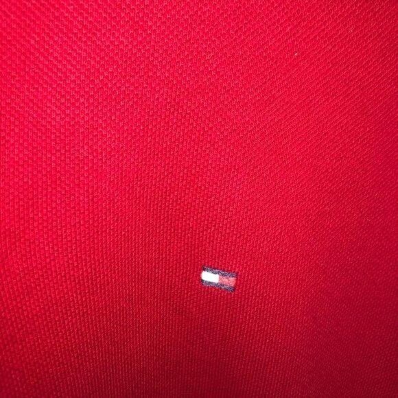 Tommy Hilfiger Polo Shirt Medium Mens Red Cotton Striped Trim On Neck Side Slits - Picture 6 of 10